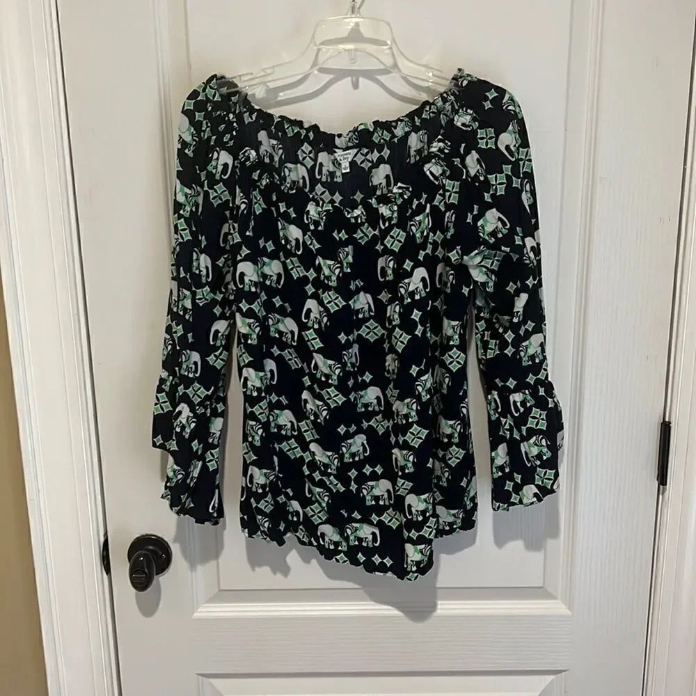Crown & Ivy Navy and Green Off the Shoulder Blouse with Elephants